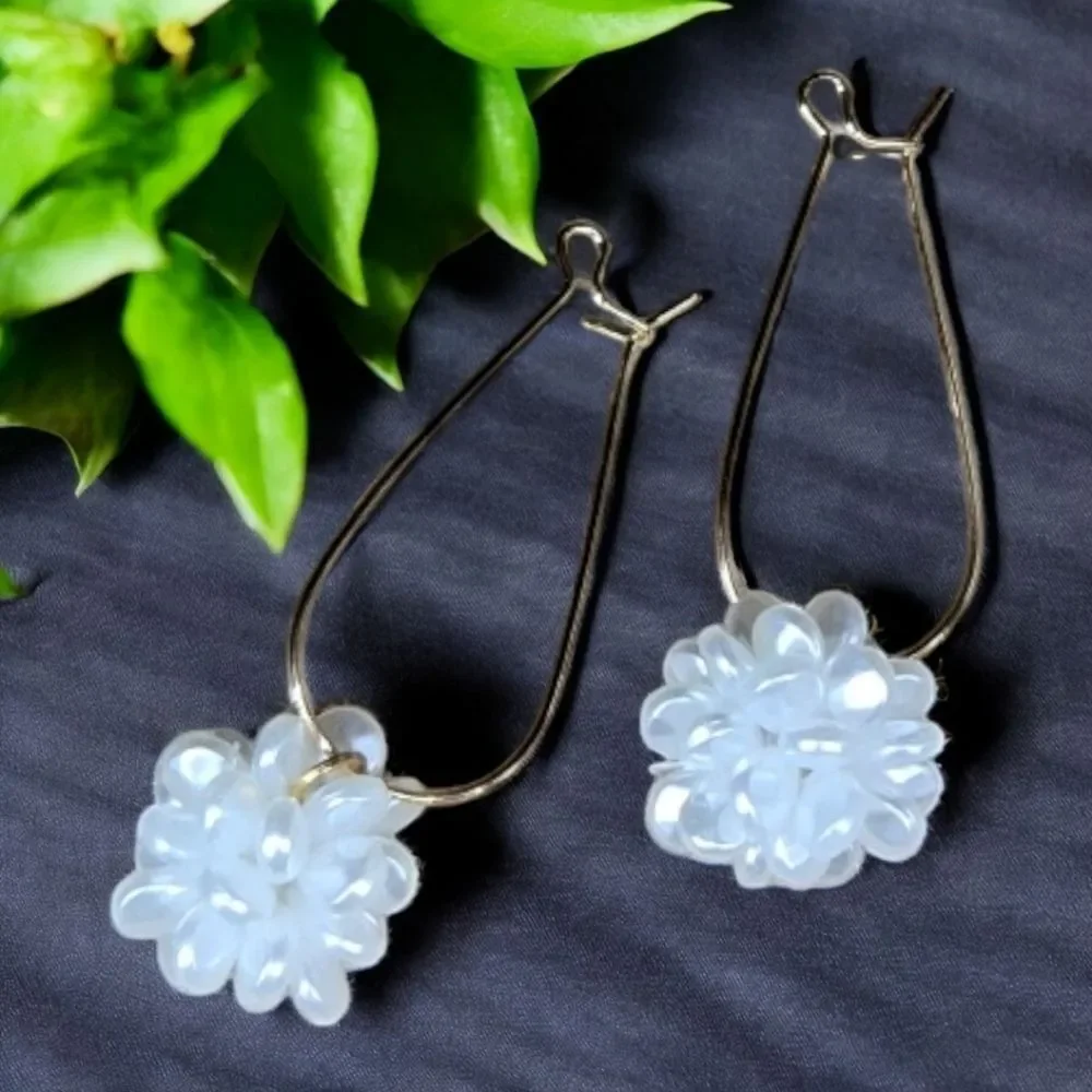 Pearl Flower Drop Earrings Gold Hoop Bridal Wedding Elegant Statement Earrings